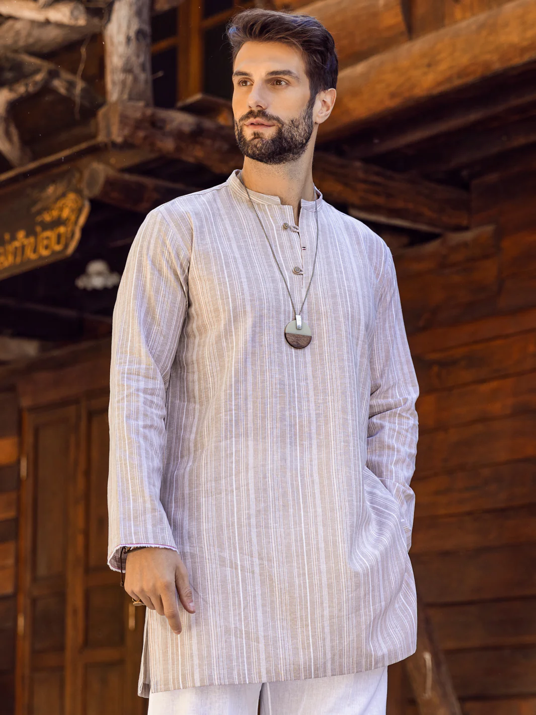 Khaki Linen Short Kurta - ALCR-K-046 - Image 3