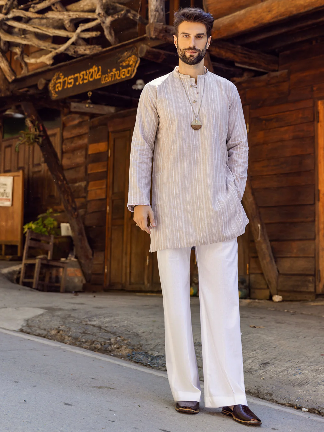 Khaki Linen Short Kurta - ALCR-K-046 - Image 4