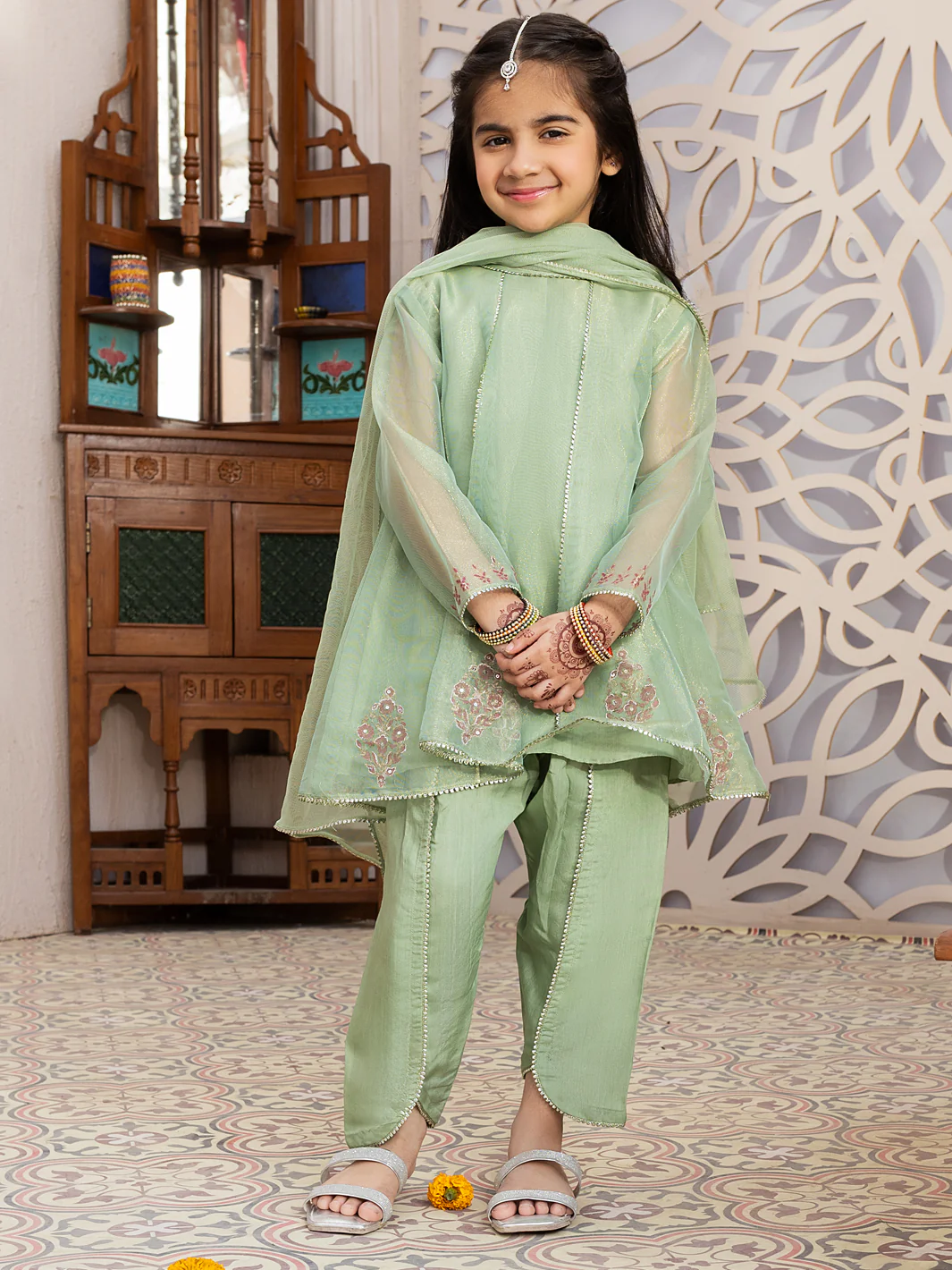 Light Green Shimmer Net 3 Piece Stitched - ALGR-3PS-LS-010 - Image 2