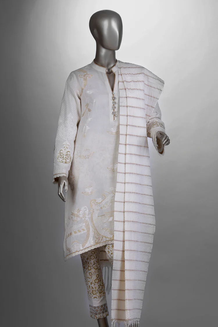 Off White Jacquard 3 Piece Unstitched - ALP-298
