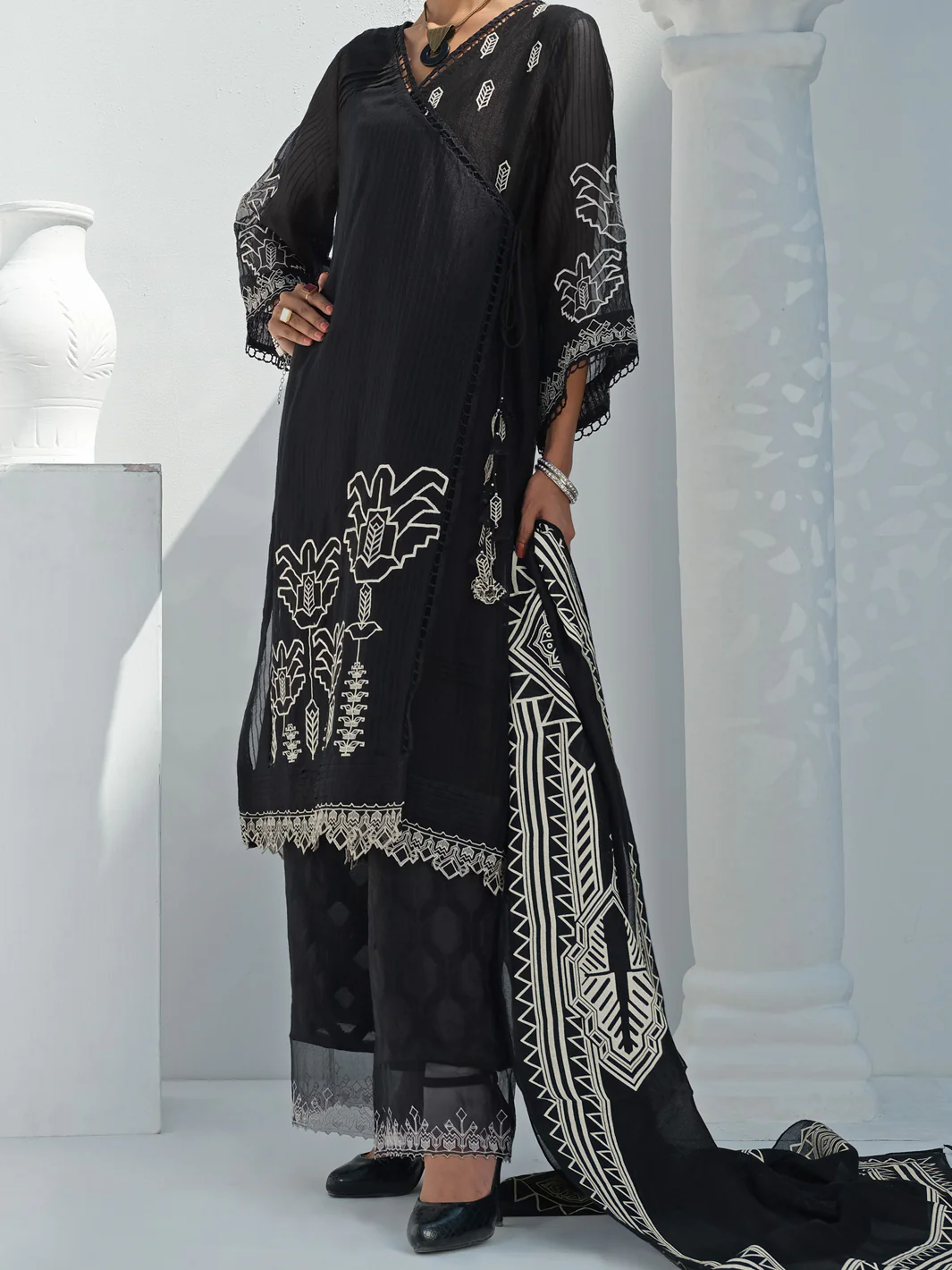 Black Khaddi Net 3 Piece Unstitched - ALP-3PS-1055