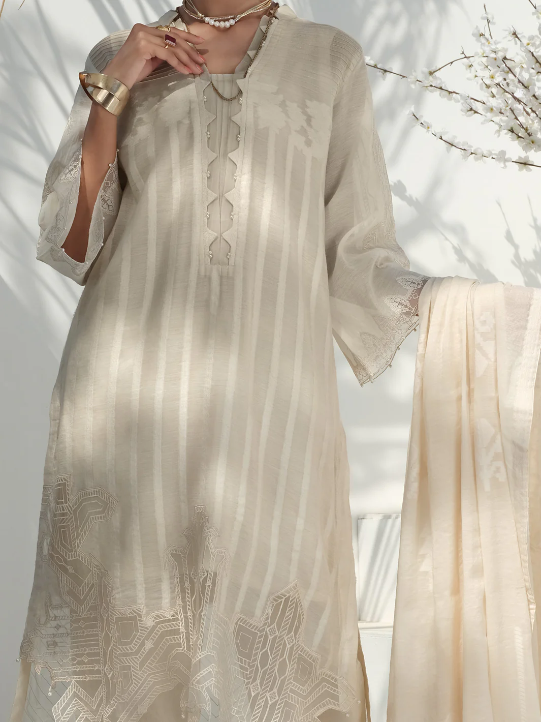 Cream Cotton Jacquard 3 Piece Stitched - ALP-3PS-1056 - Image 2