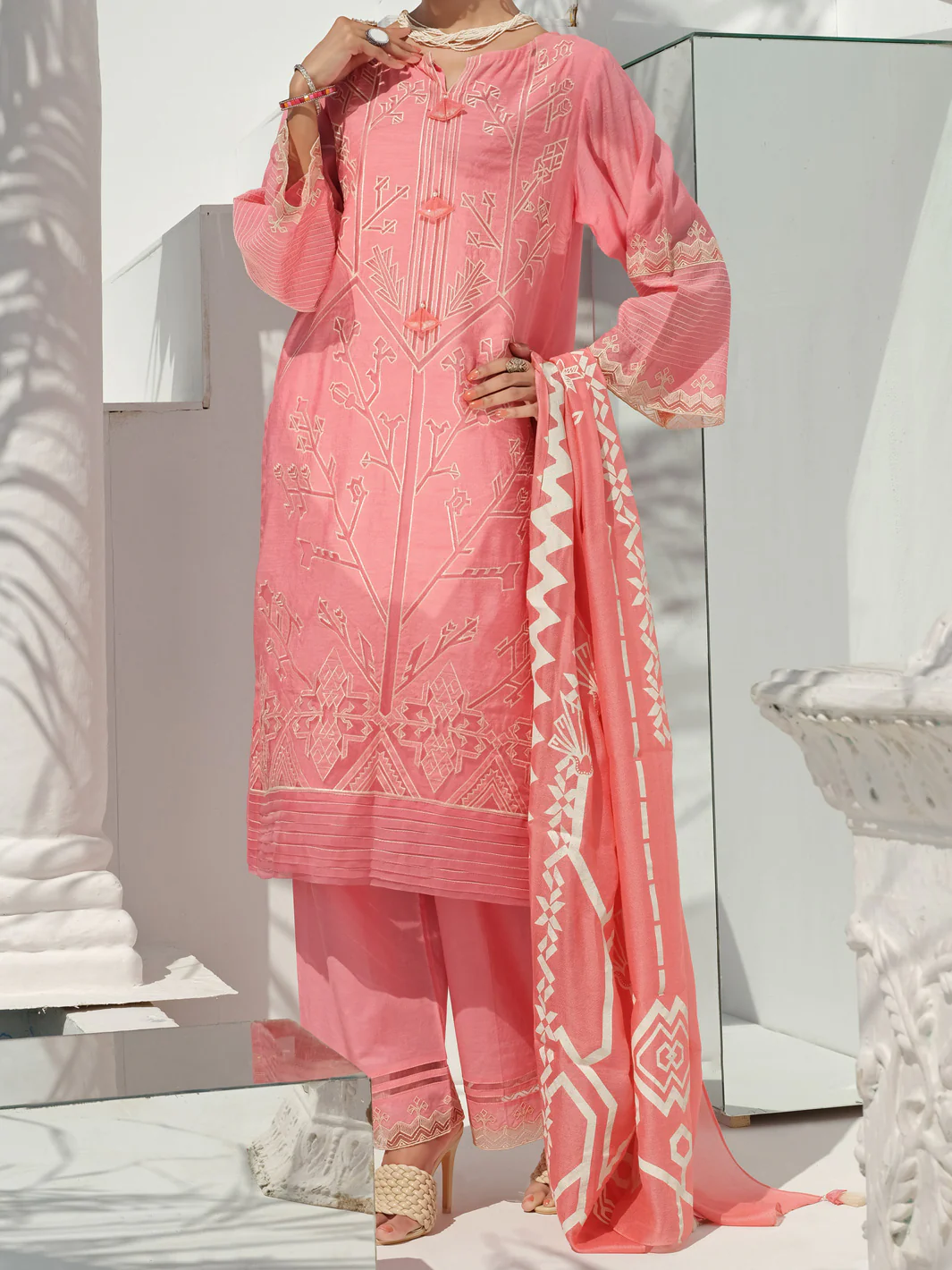 Pink Swiss Voile + Khaddi Net 3 Piece Unstitched - ALP-3PS-1059