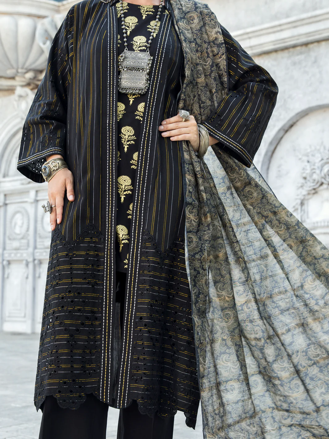 Black Lurex Jacquard 3 Piece Unstitched - ALP-3PS-1192 - Image 2