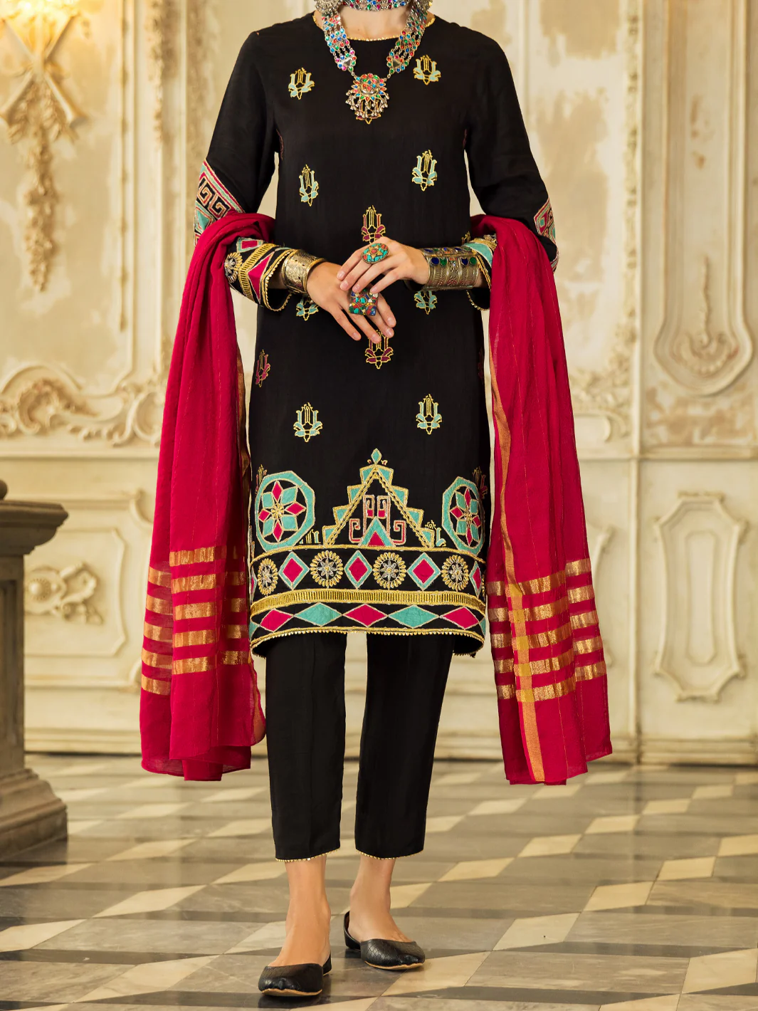 Black Raw Silk 3 Piece Stitched - ALP-3PS-1280 - Image 4