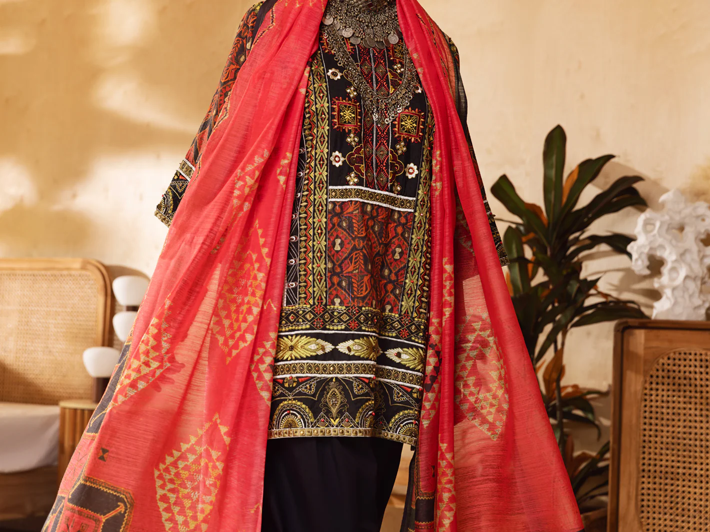 Red Lurex Jacquard 3 Piece Unstitched - ALP-3PS-1300 - Image 3