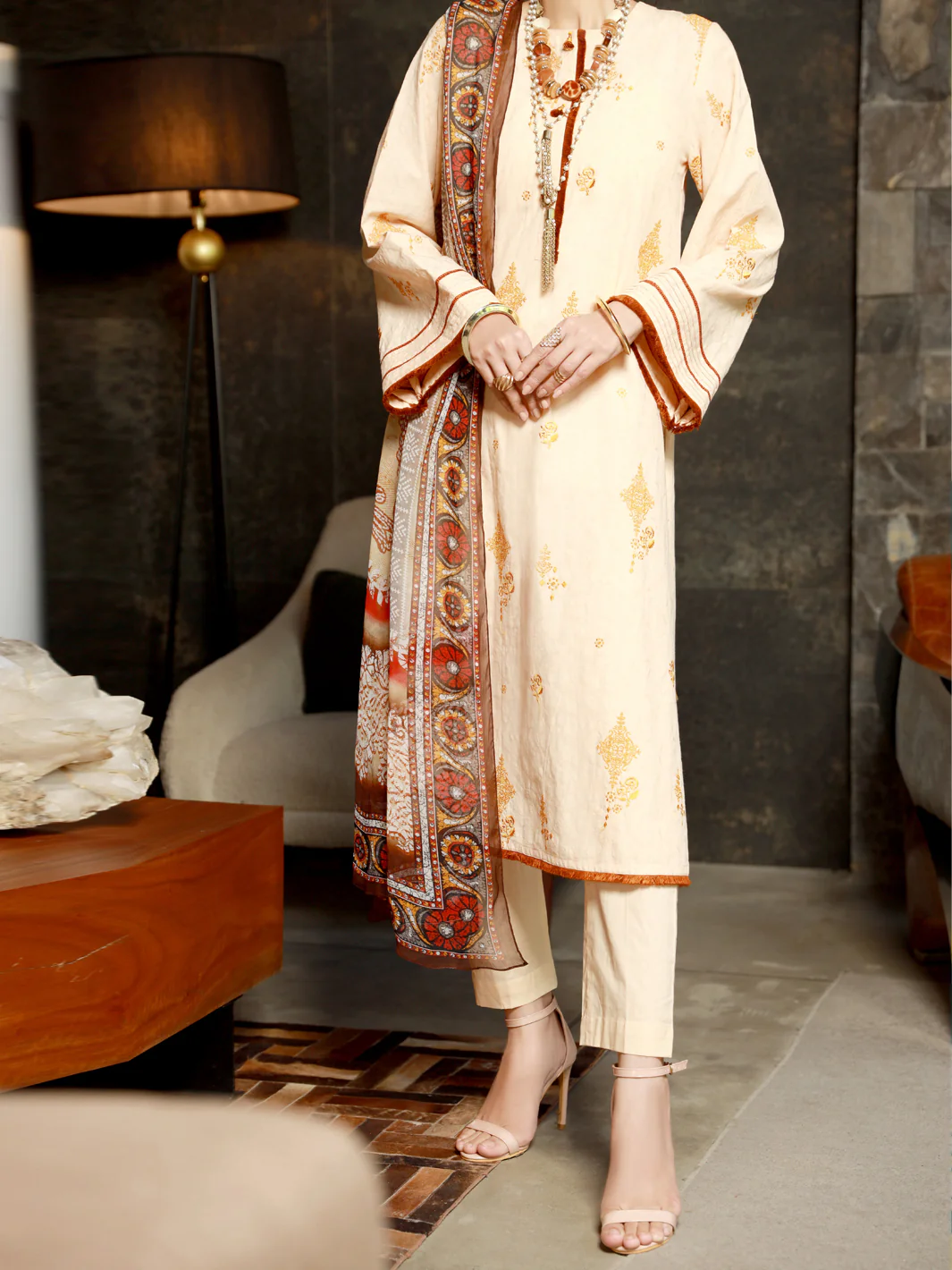 Cream Jacquard 3 Piece Stitched - ALP-3PS-1392