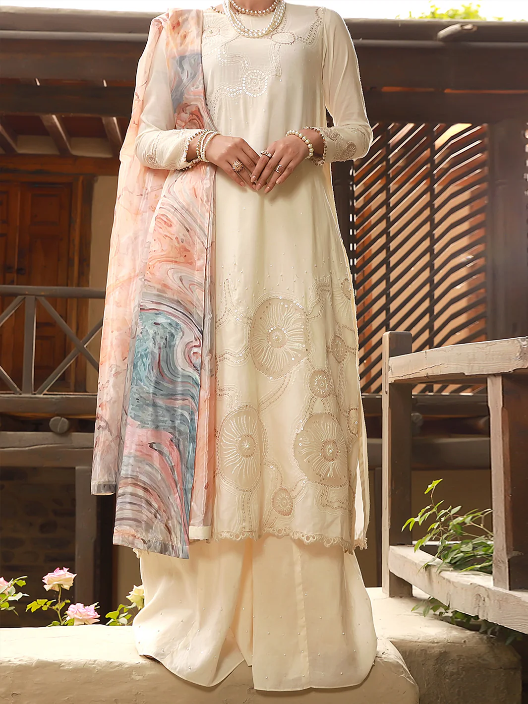 Off White Chanderi 3 Piece Unstitched - ALP-3PS-1406 - Image 3