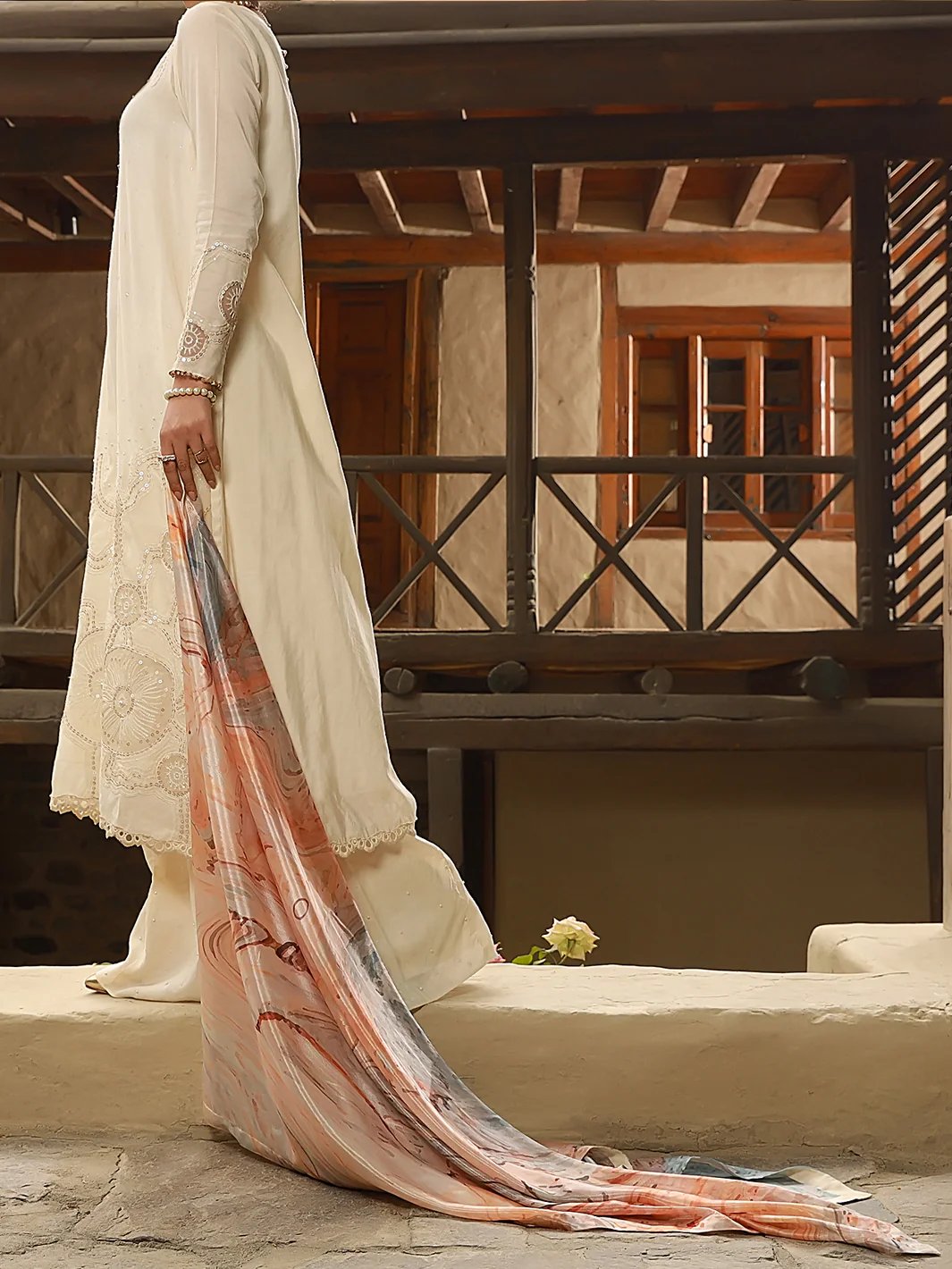 Off White Chanderi 3 Piece Stitched - ALP-3PS-1406 - Image 2