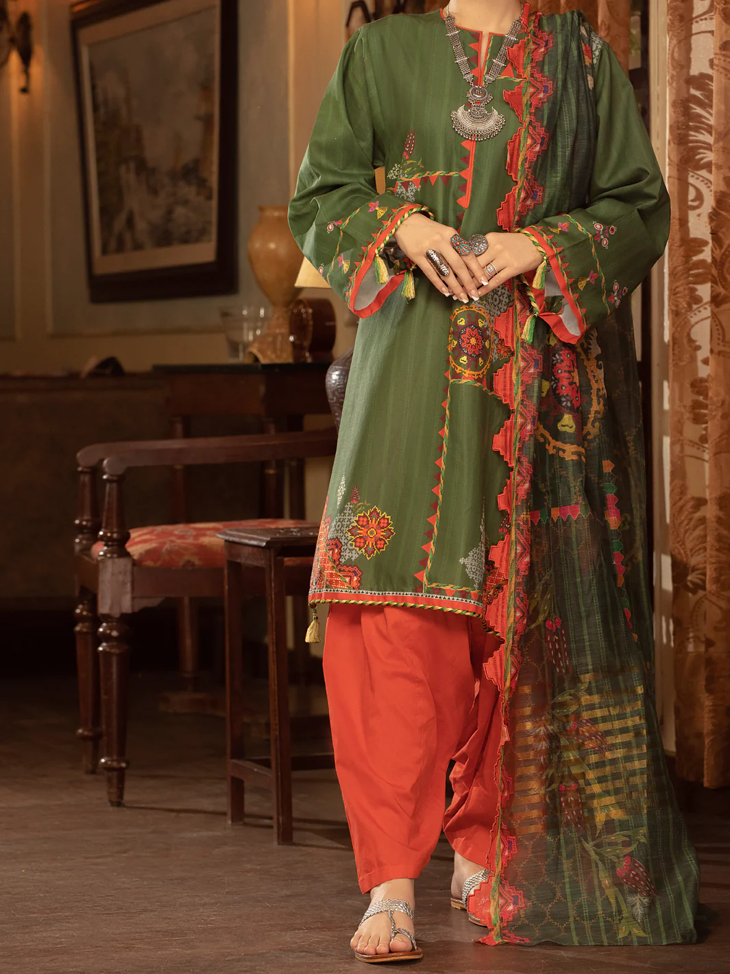 Army Green Cambric 3 Piece Stitched - ALP-3PS-1427