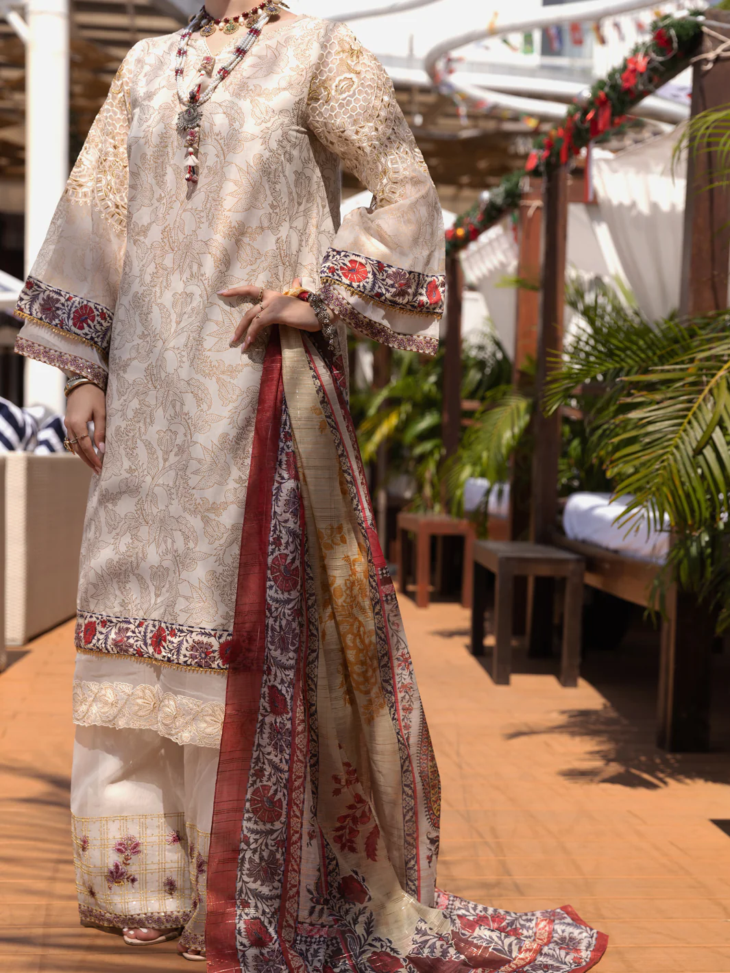 Off White Silk Chanderi 3 Piece Unstitched - ALP-3PS-1526 - Image 6