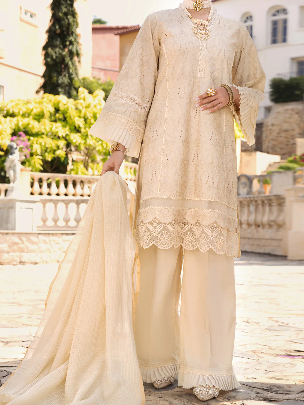 Beige Schiffli Lawn 3 Piece Stitched - ALP-3PS-1588