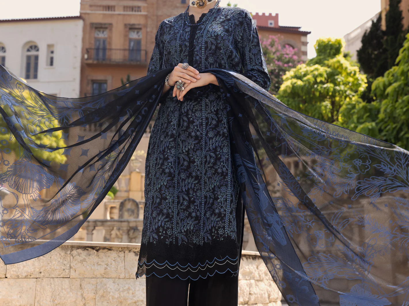 Blue & Black Schiffli Lawn 3 Piece Stitched - ALP-3PS-1591 - Image 3