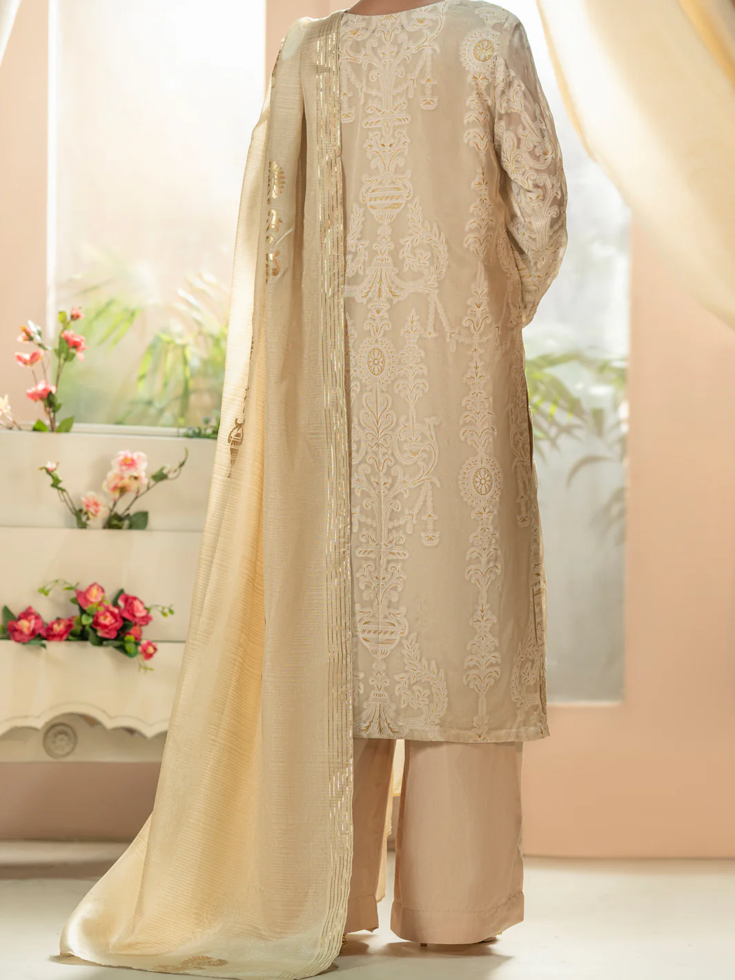 Off White Burnout Silk 3 Piece Stitched - ALP-3PS-1663 - Image 2