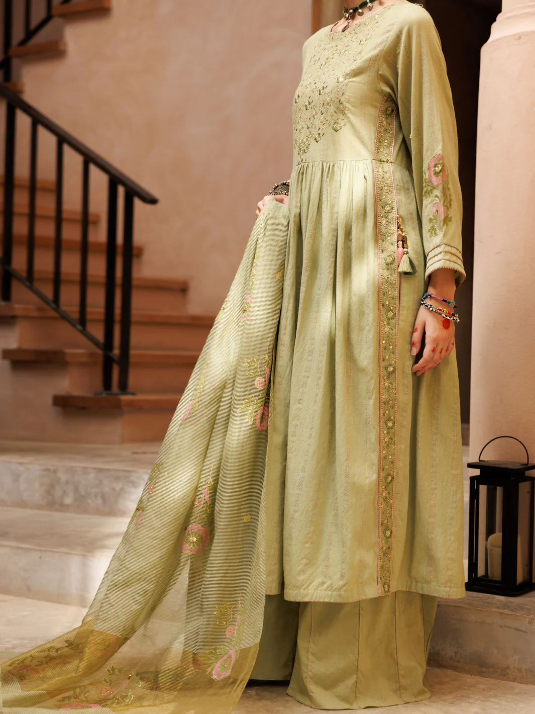 Light Green Stripe Cotton Jacquard 3Pc Unstitched - ALP-3PS-1803
