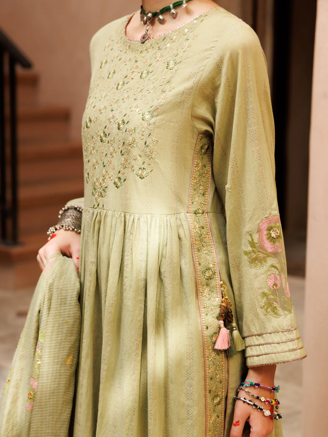 Light Green Stripe Cotton Jacquard 3 Piece Stitched - ALP-3PS-1803 - Image 3