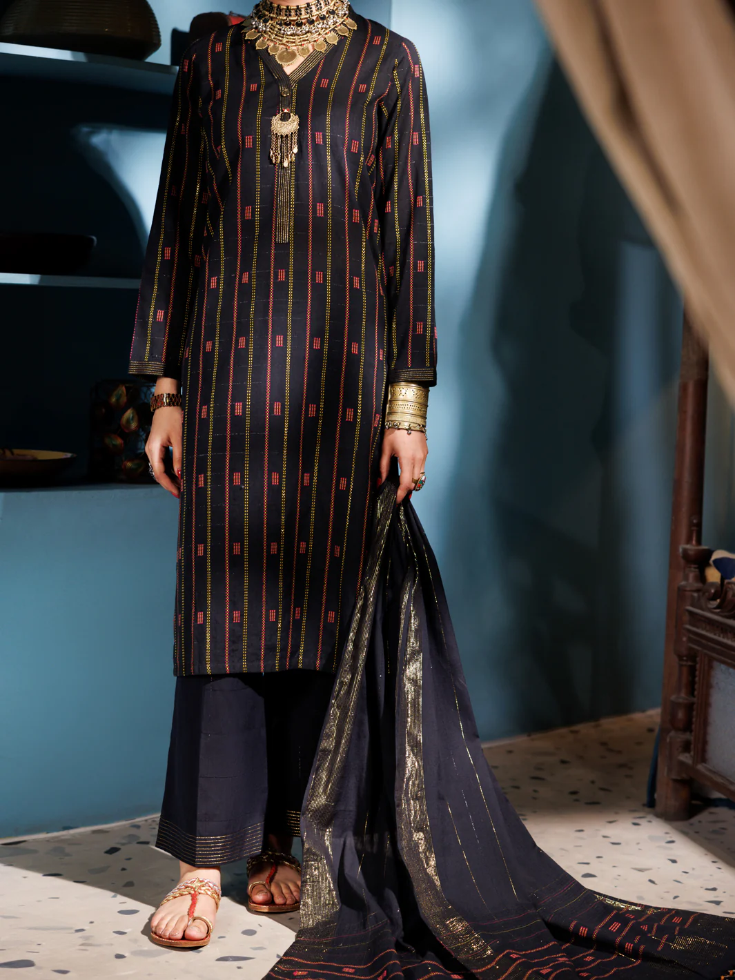 Black Yarn Dyed 3Pc Stitched - ALP-3PS-1891