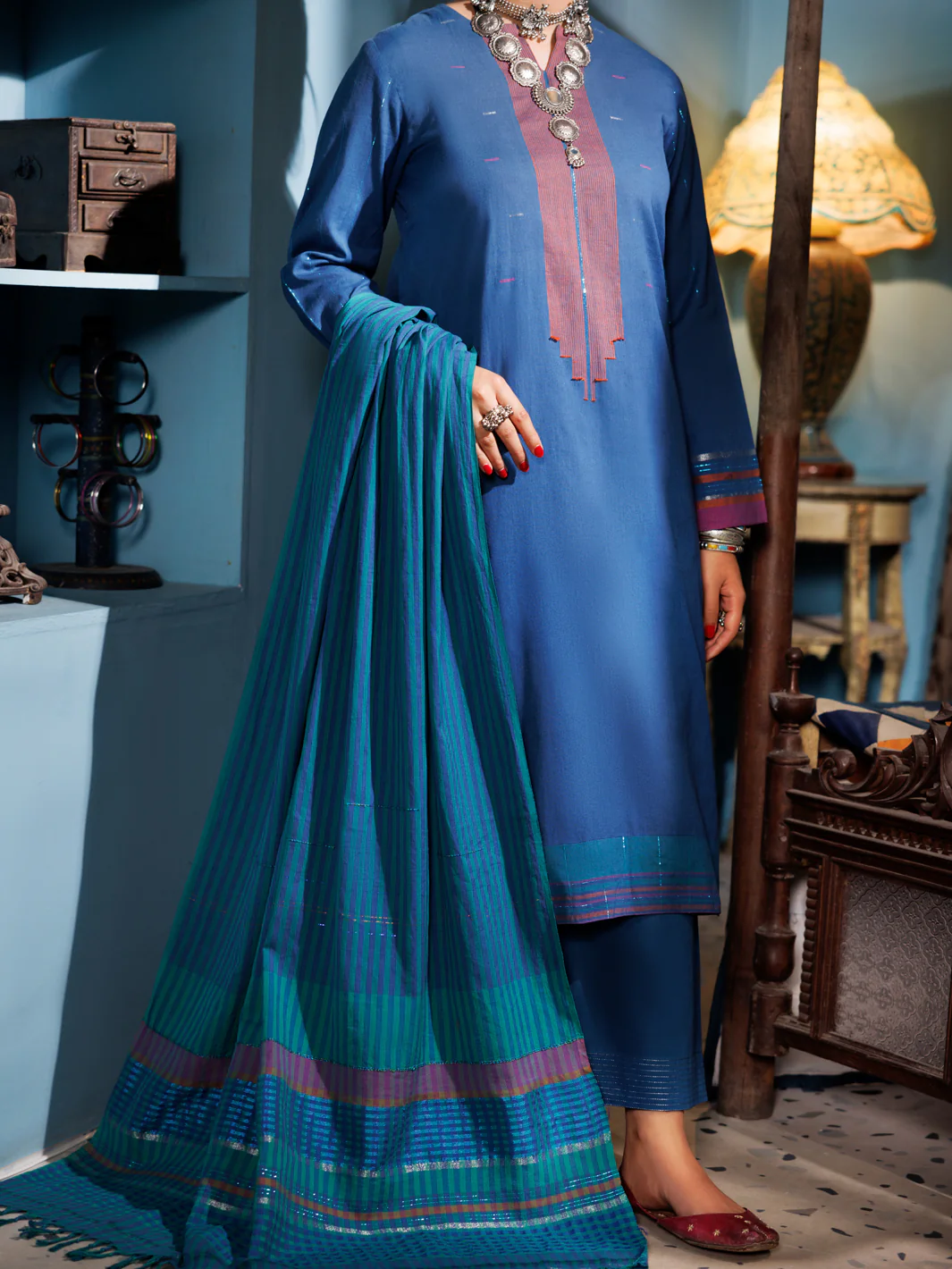 Teal Yarn Dyed 3Pc Unstitched - ALP-3PS-1892