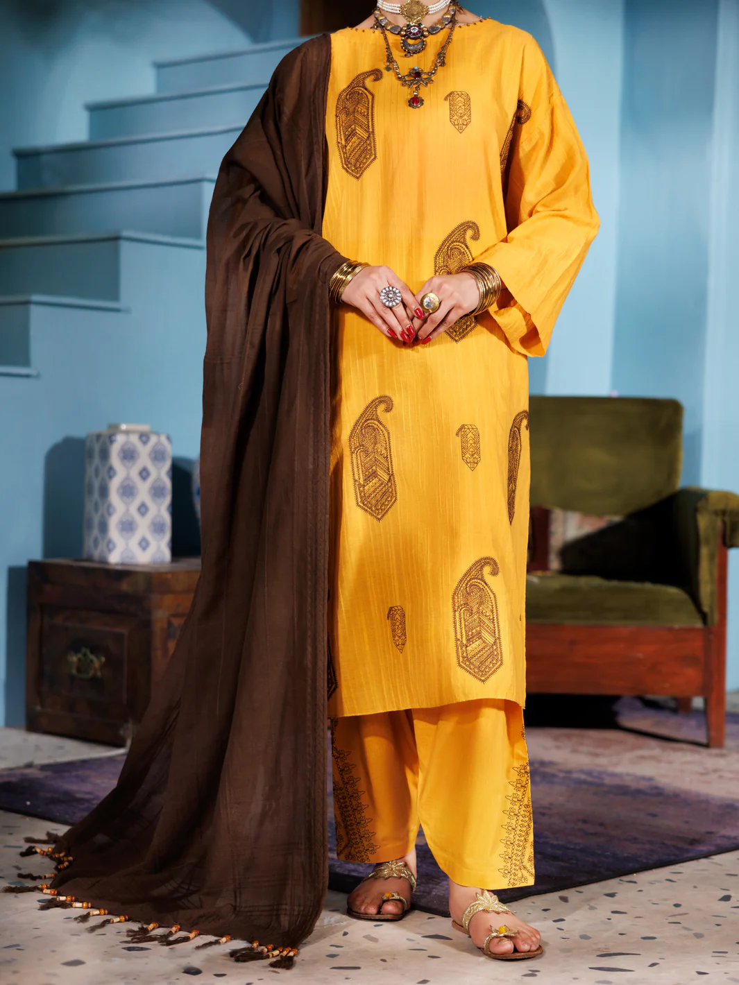 Mustard Lino Kara 3Pc Unstitched - ALP-3PS-1918 - Image 2