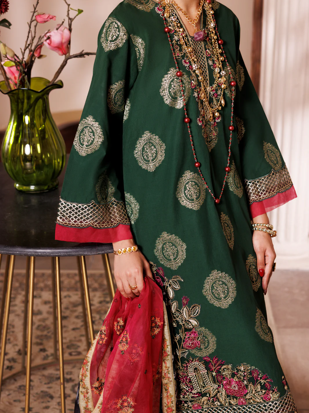 Green Self Jacquard 3Pc Unstitched - ALP-3PS-1944 - Image 3
