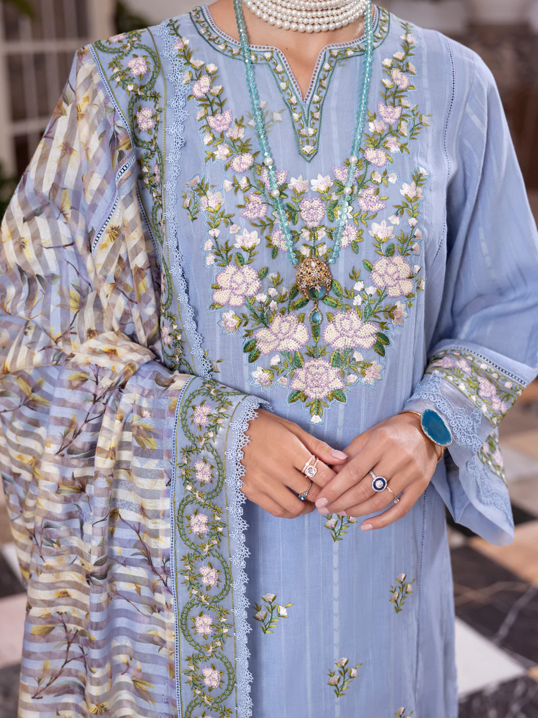 Sky Blue Dobby Net 3 Piece Stitched - ALP-3PS-2058 - Image 3