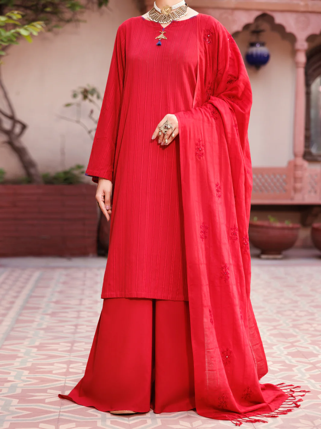 Red Cotton Dobby 3Pc Unstitched - ALP-3PS-2133