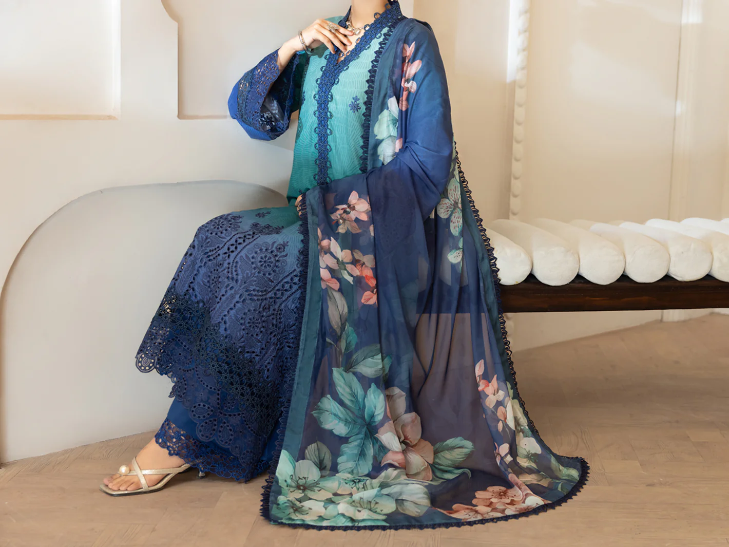 Teal Silk Lawn Stitched 3Pc - ALP-3PS-2377 - Image 3