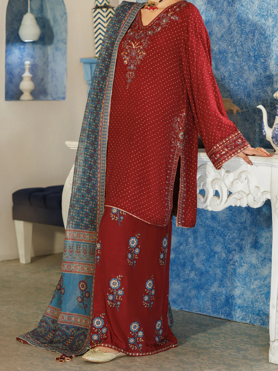 Maroon Thai Silk Stitched 3Pc - ALP-3PS-2381 - Image 4