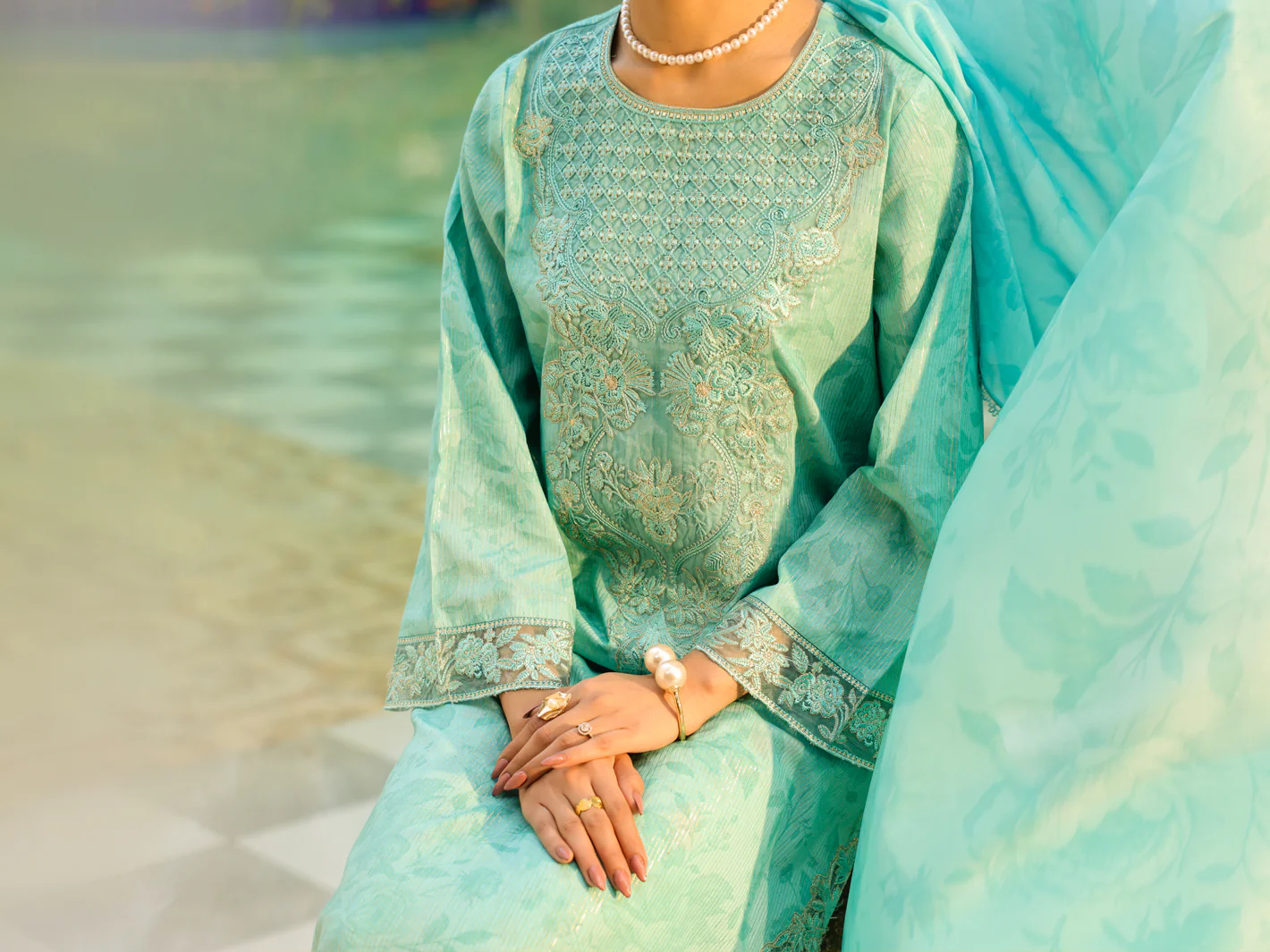 Aqua Blue Lurex 3Pc Unstitched - ALP-3PS-2453 - Image 5