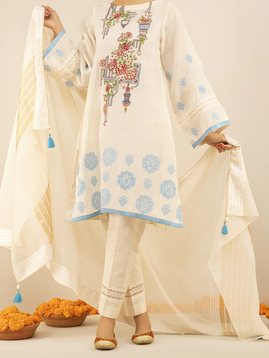 White Jacquard 3 Piece Stitched - ALP-3PS-844