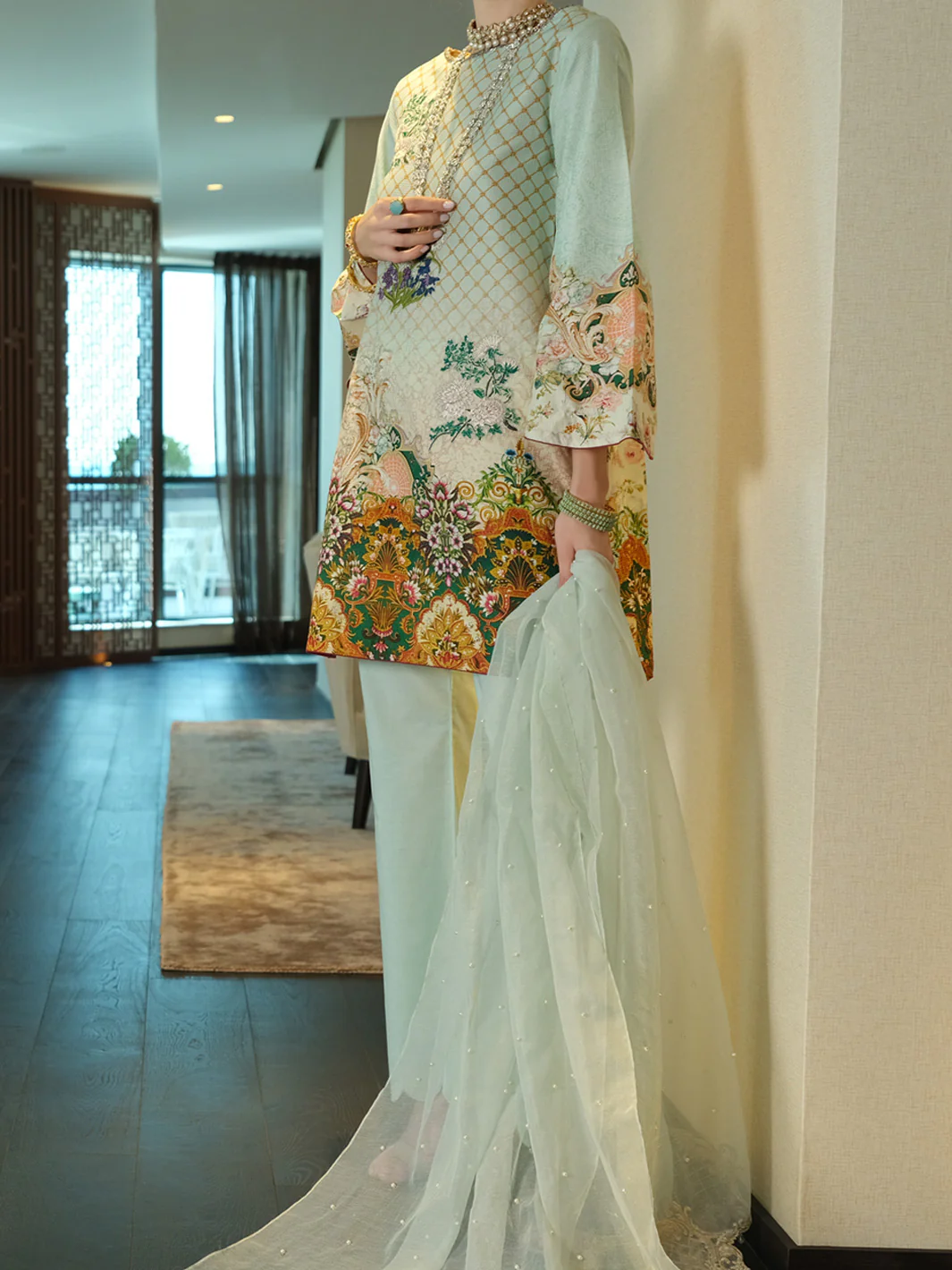 Sea Green Dobby Net 3 Piece Unstitched - ALP-3PS-894