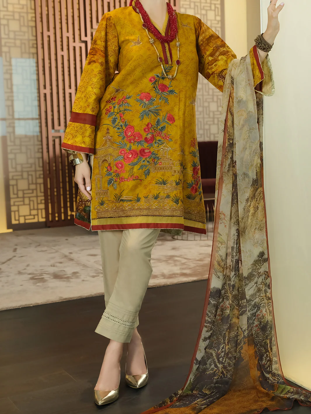 Mustard Jacquard 3 Piece Unstitched - ALP-3PS-897
