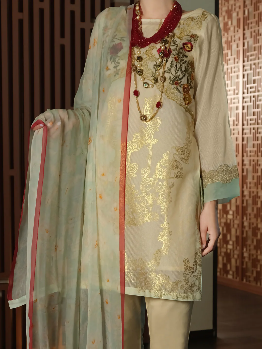 Off White Khaddi Silk 3 Piece Stitched - ALP-3PS-898 - Image 2