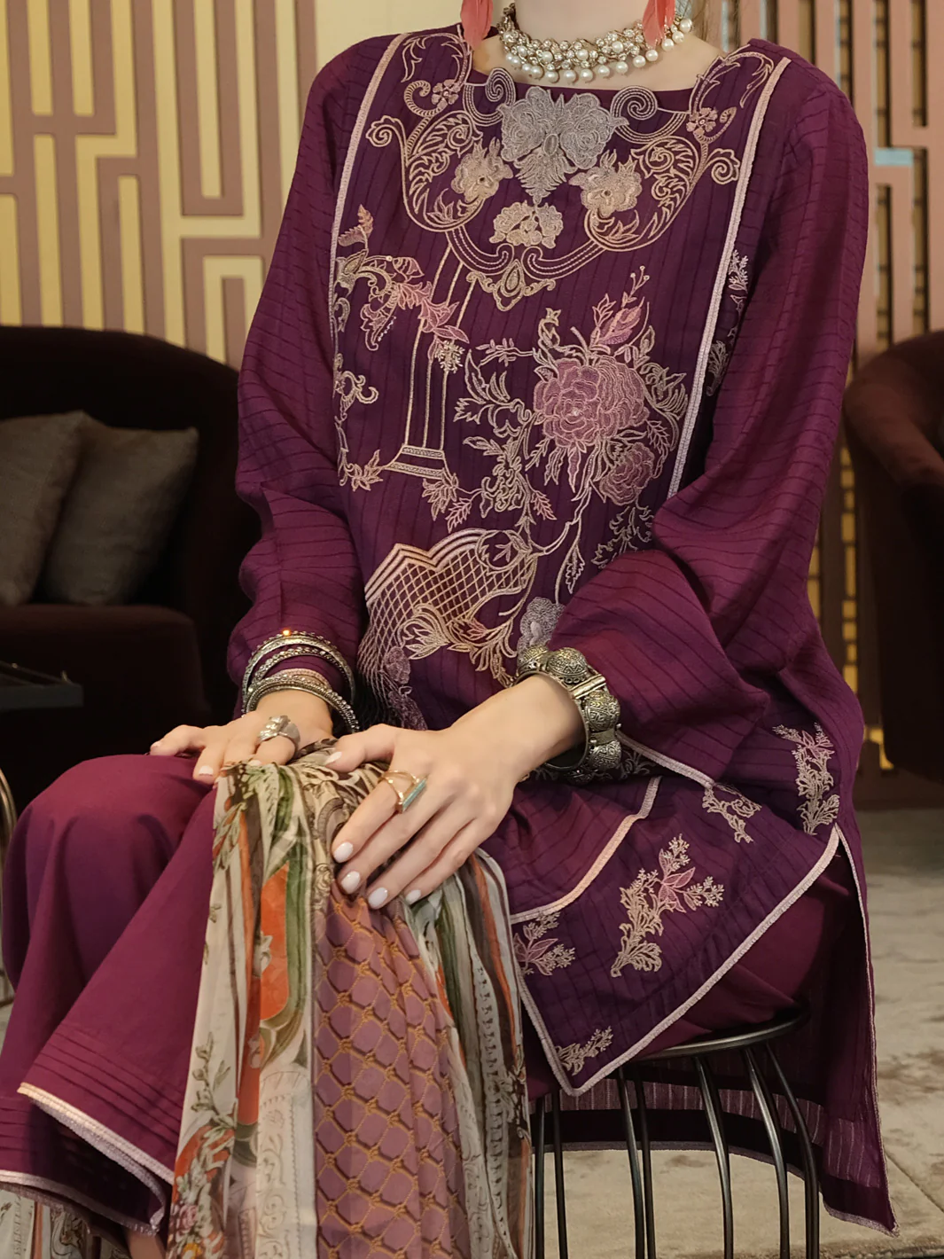 Purple Khaddi Net 3 Piece Stitched - ALP-3PS-899 - Image 3