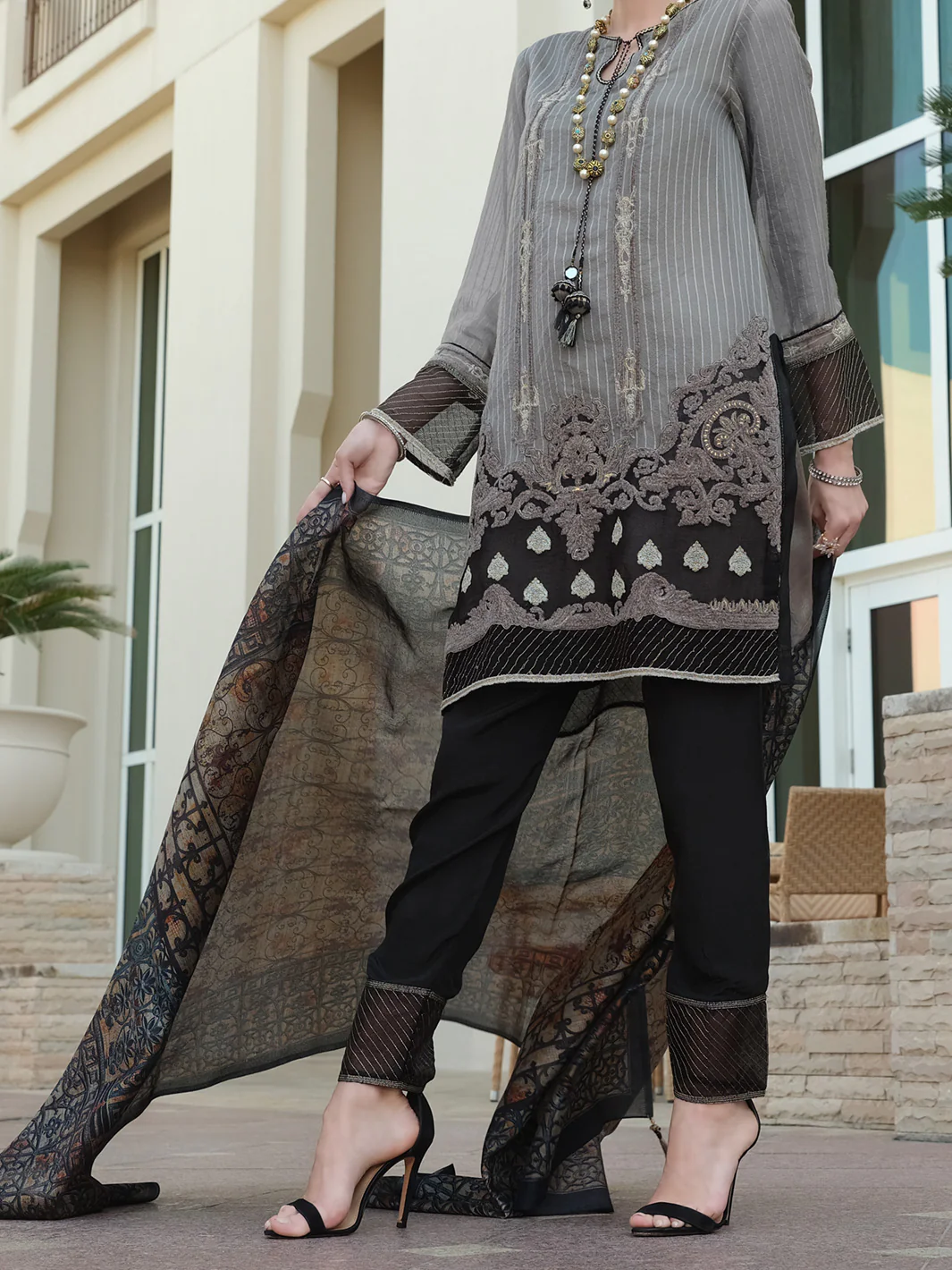 Grey Khaddi Net 3 Piece Stitched - ALP-3PS-902
