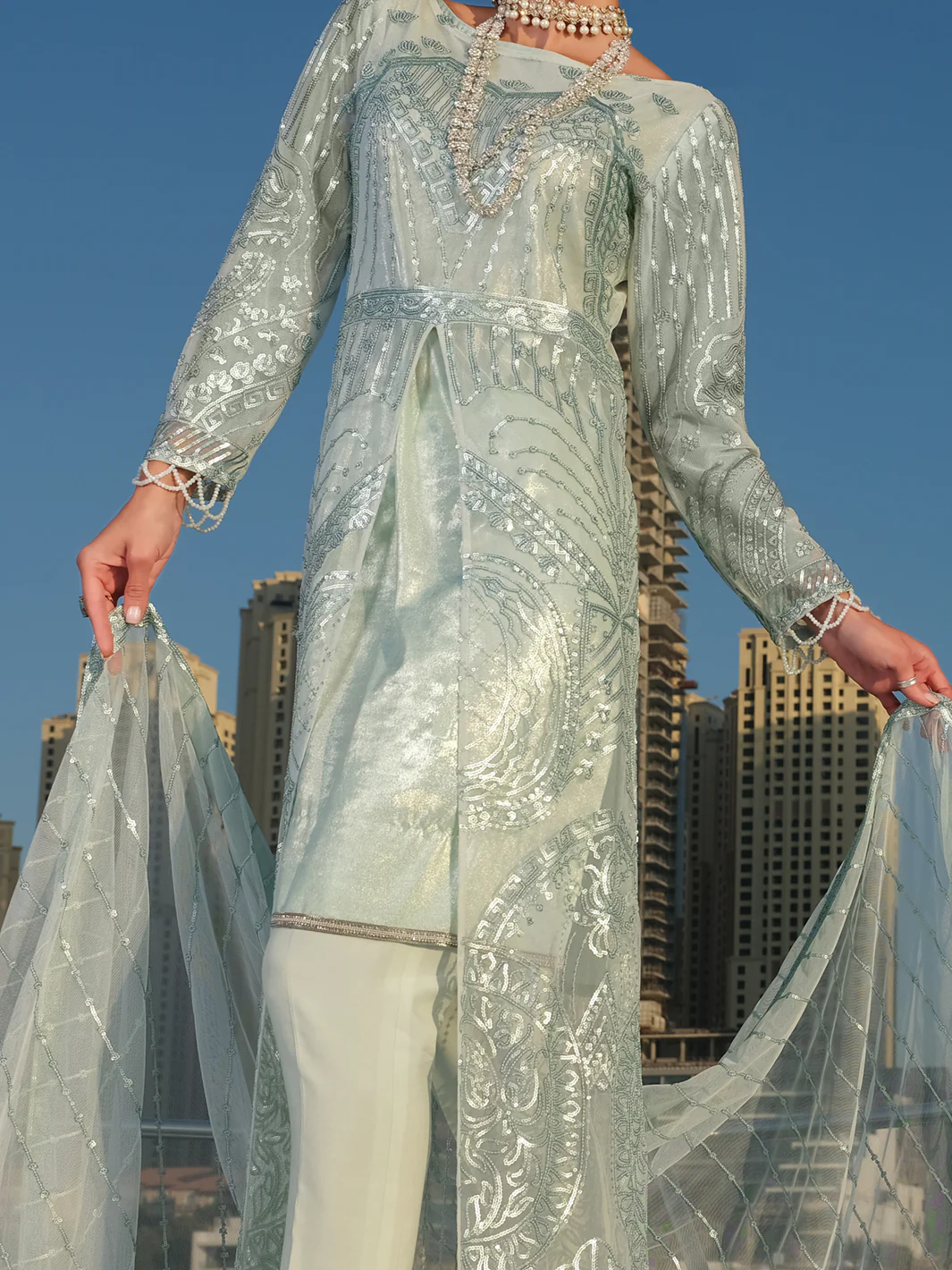Sea Green Net 3 Piece Unstitched - ALP-3PS-906