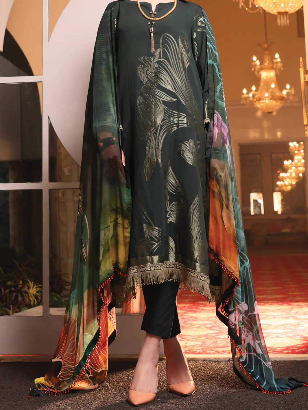 Dark Green Jacquard 3 Piece Stitched - ALP-3PS-945