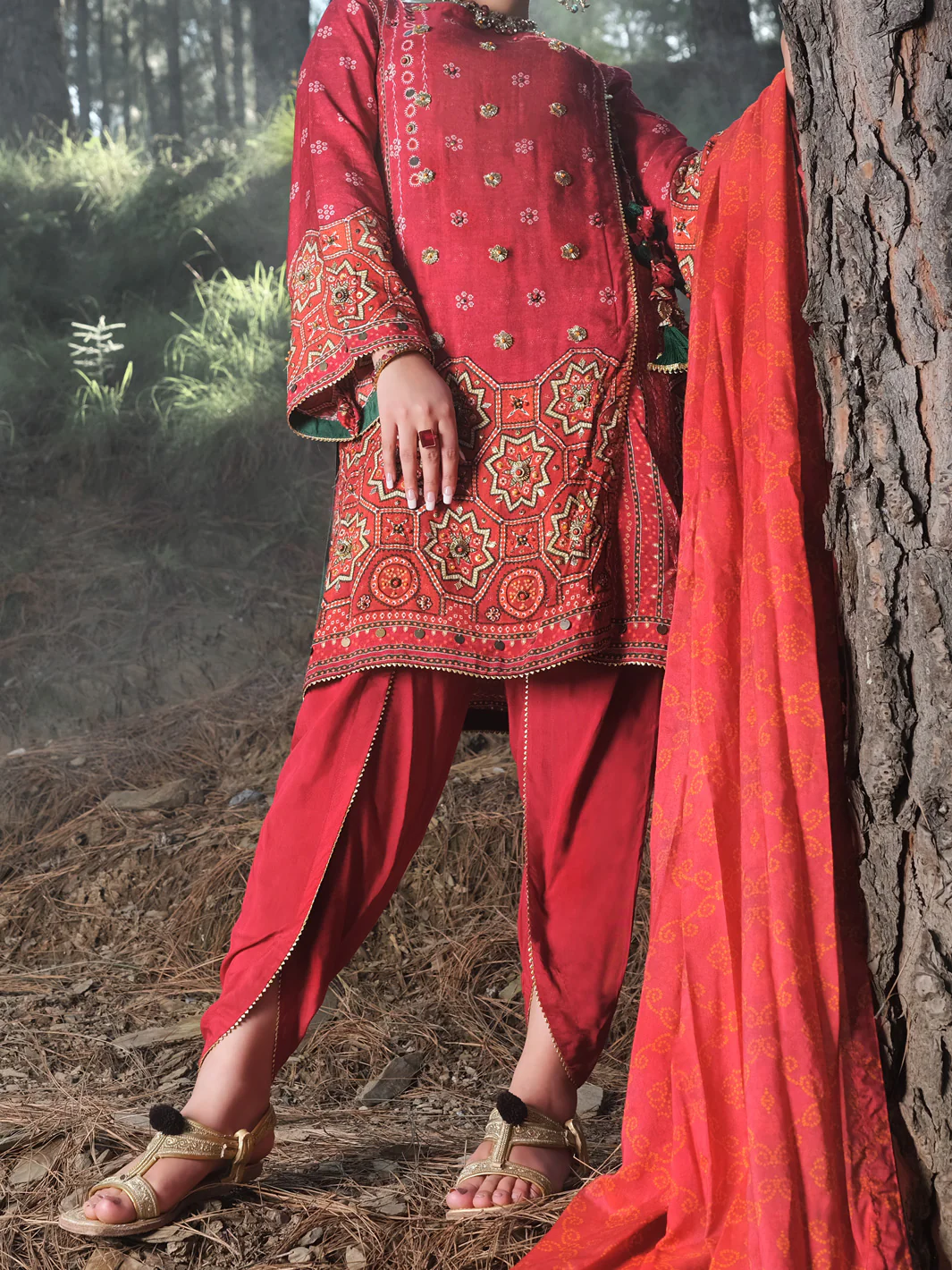 Red Raw Silk 3 Piece Stitched - ALP-3PS-993