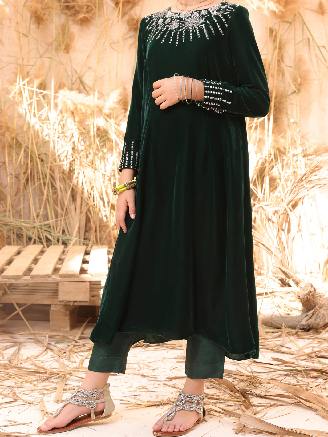Green Velvet 2 Piece Stitched - ALT-2PS-LKS-1066B - Image 3