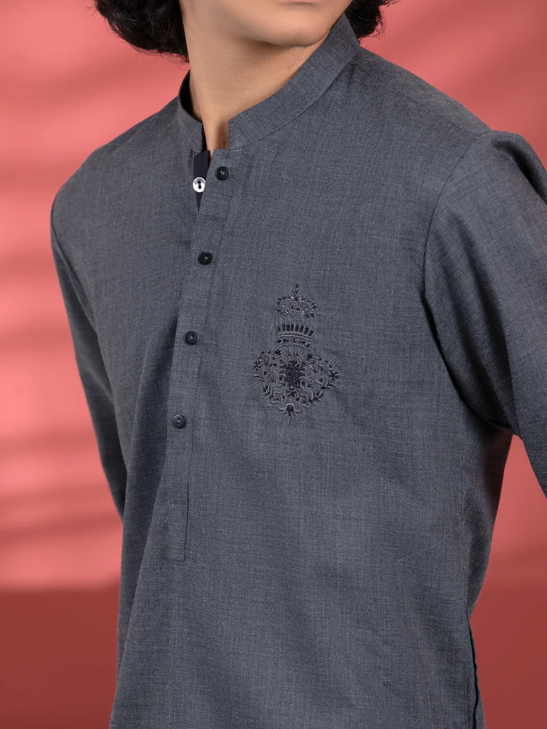 Dark Grey Blended Boy Kurta - ALT-K-013C - Image 2