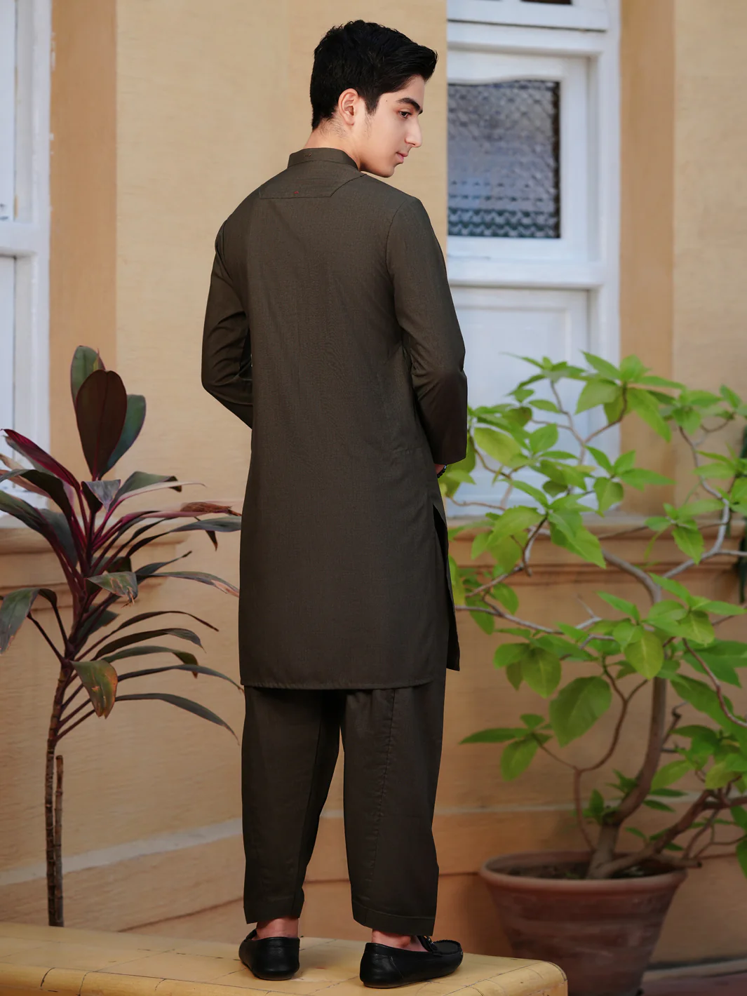 Olive Green Blended Kameez Shalwar - ALT-KS-078 - Image 2