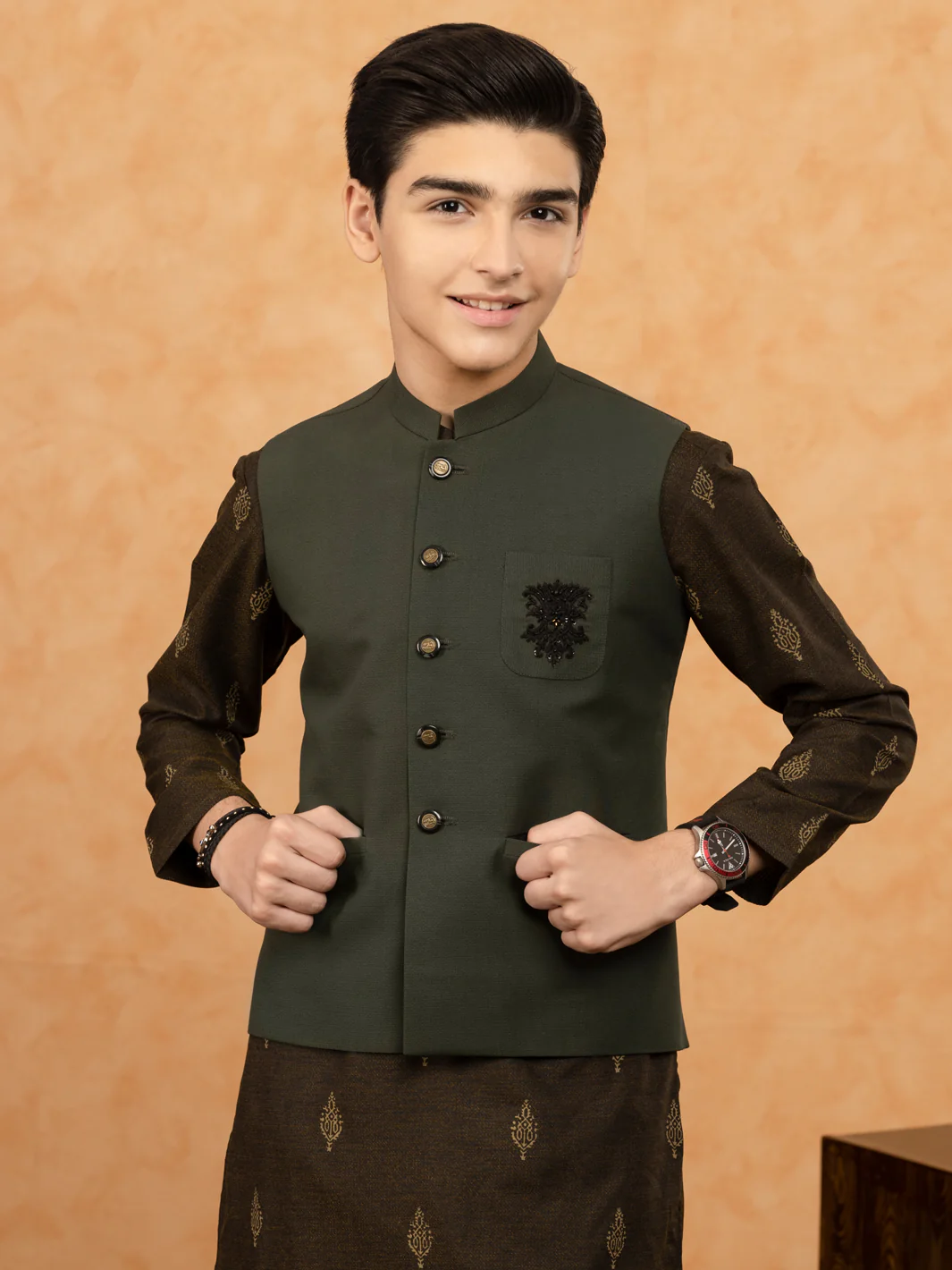Dark Green Blended Boy Waistcoat - ALT-WC-010B - Image 2