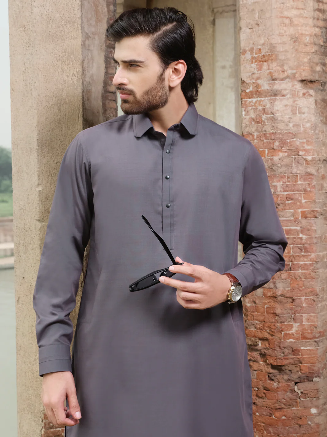 Charcoal Grey Blended Kameez Shalwar - ALWA-KS-207 - Image 3
