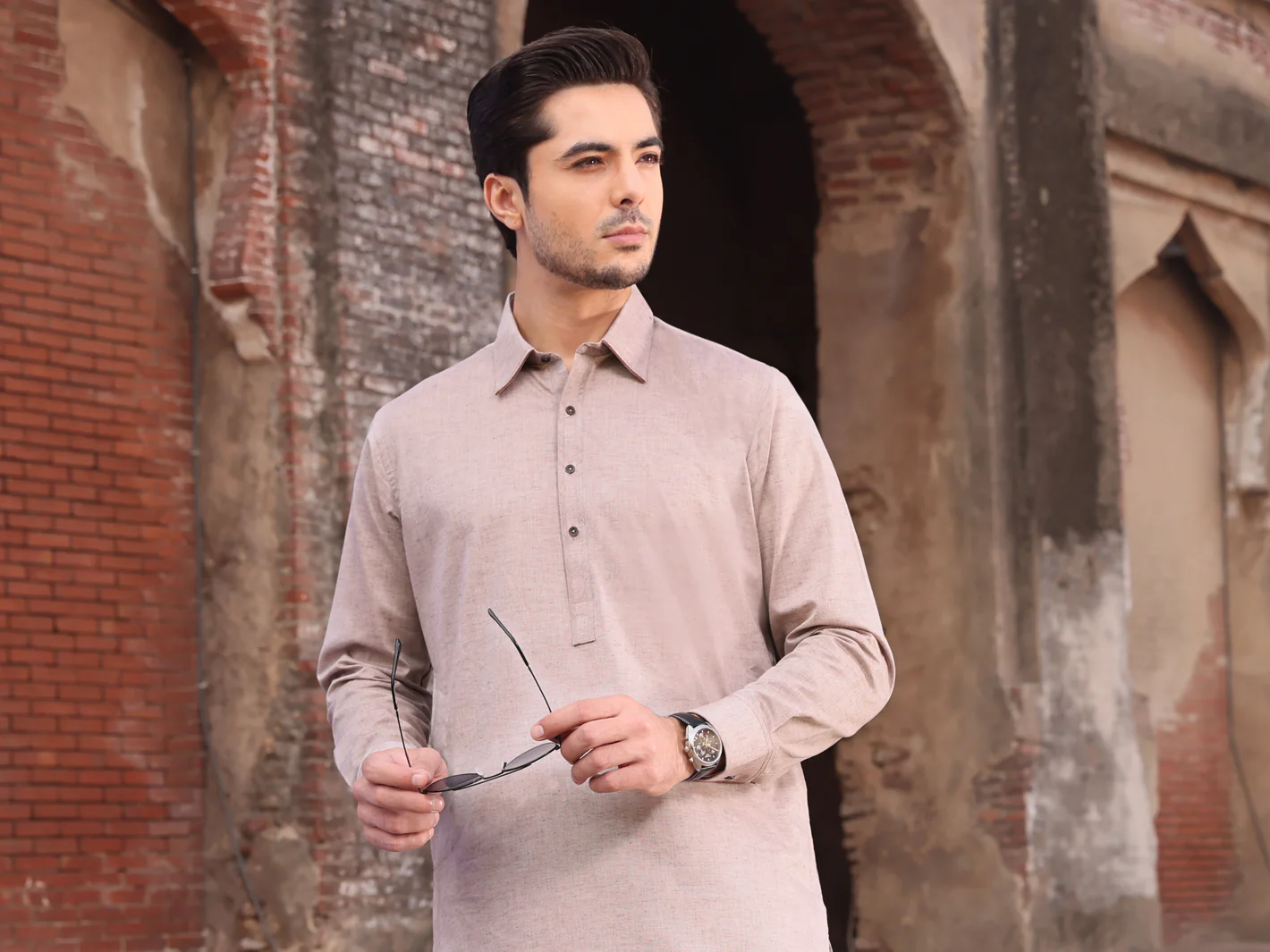 Light Brown Blended Kameez Shalwar - ALWA-KS-218 - Image 3
