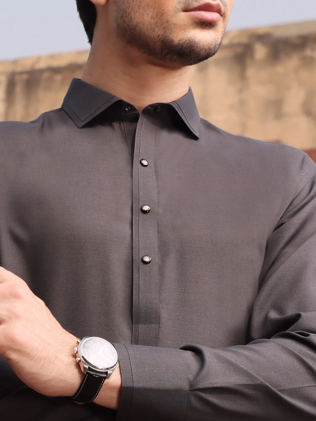 Charcoal Grey Blended Kameez Shalwar - ALWA-KS-233 - Image 2
