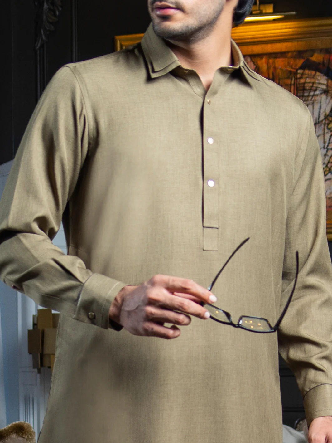 Khaki Blended Kameez Shalwar - ALWA-KS-285 - Image 3