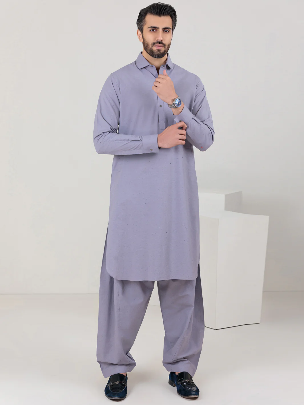 Light Grey Blended Kameez Shalwar - ALWA-KS-305