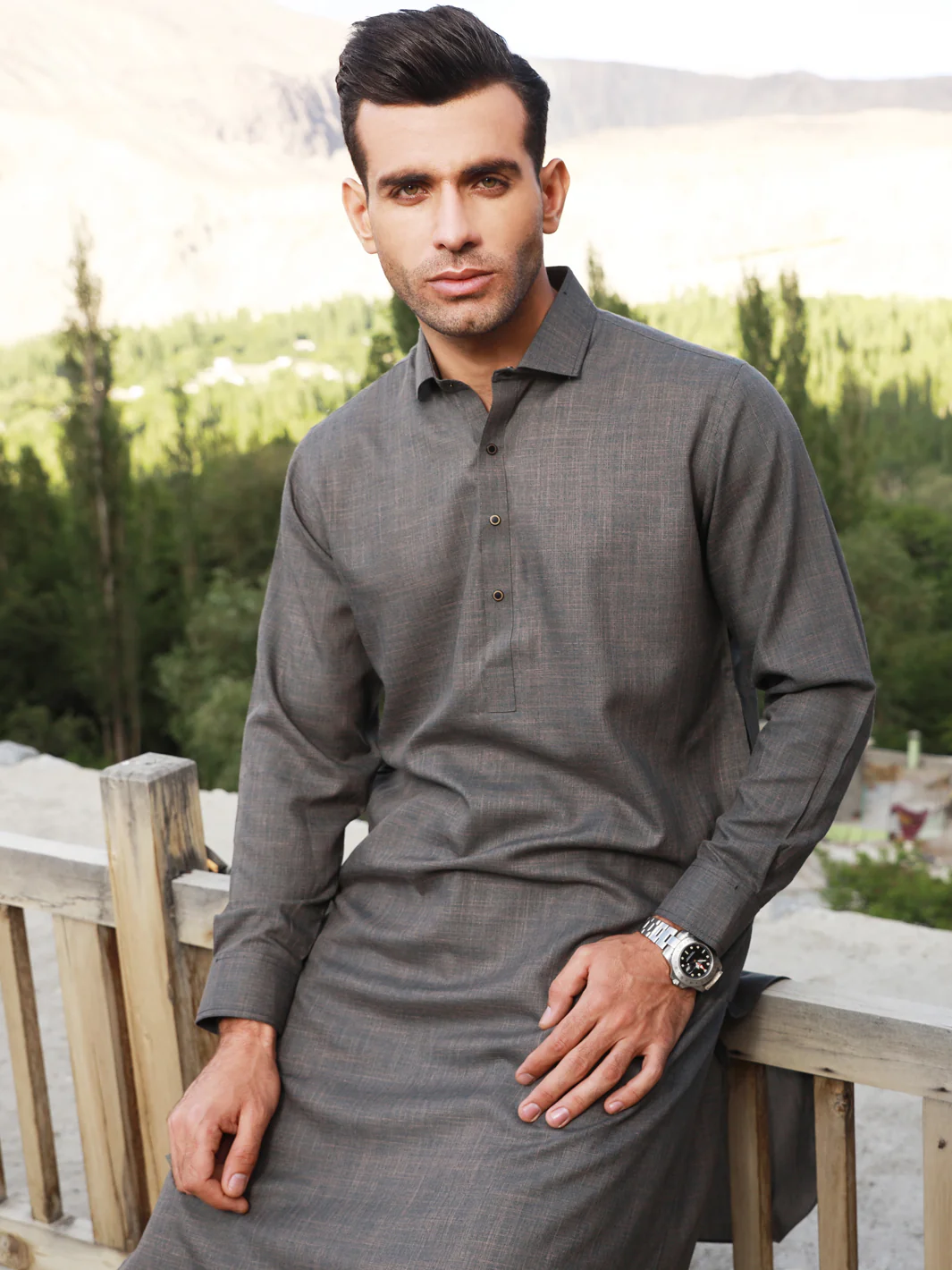 Ash Brown Blended Kameez Shalwar - ALWA-KS-310 - Image 3