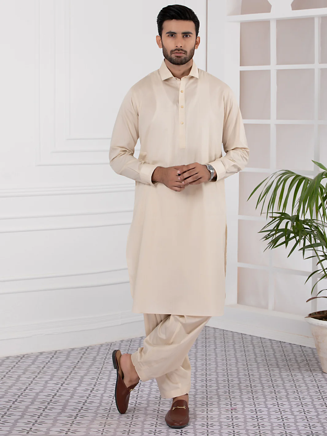 Cream Cotton Kameez Shalwar - ALWA-KS-335