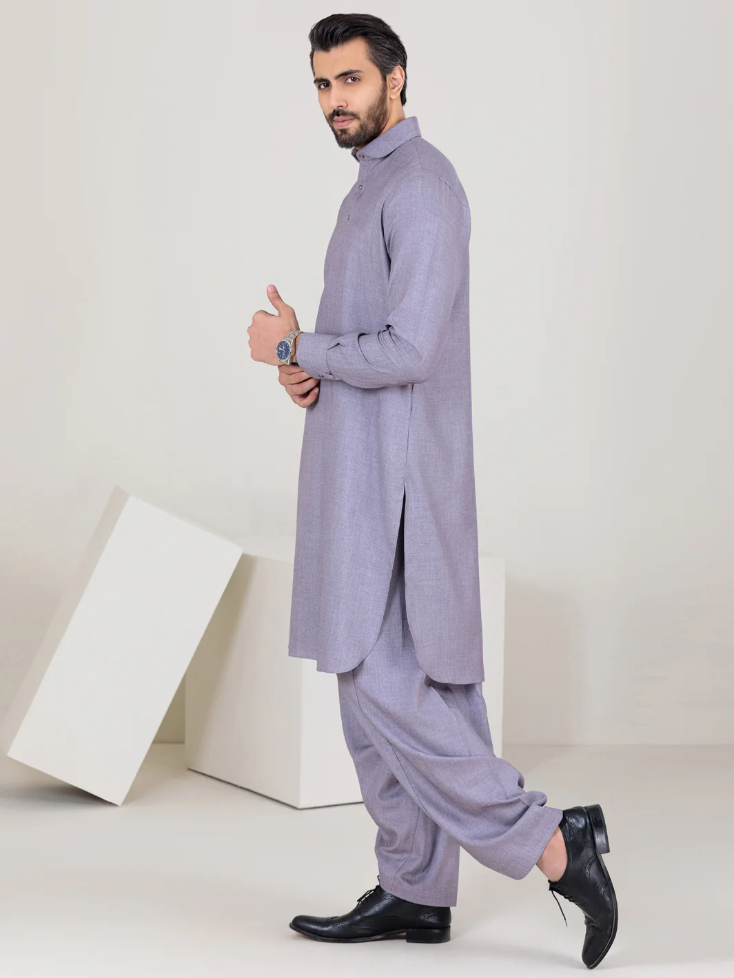 Light Grey Blended Kameez Shalwar - ALWA-KS-353 - Image 3